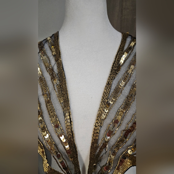 VINTAGE Gold Sequin Beaded  Shoulder Sling Mesh Capelet Tie Front. NWT - Picture 9 of 10
